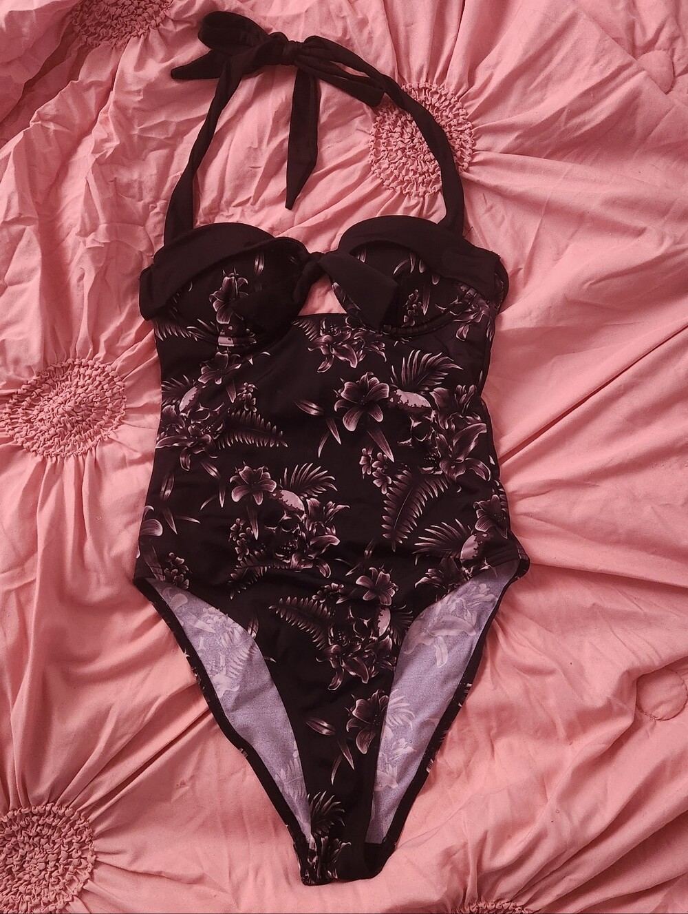 Killstar Black Floral Halter One-Piece Swimsuit
